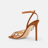 Back view of DUHA Lira Sandal caramel showing ankle strap  and coin-embellished heel