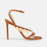 Side view of DUHA Lira Sandal caramel suede coin embellished stiletto sandal