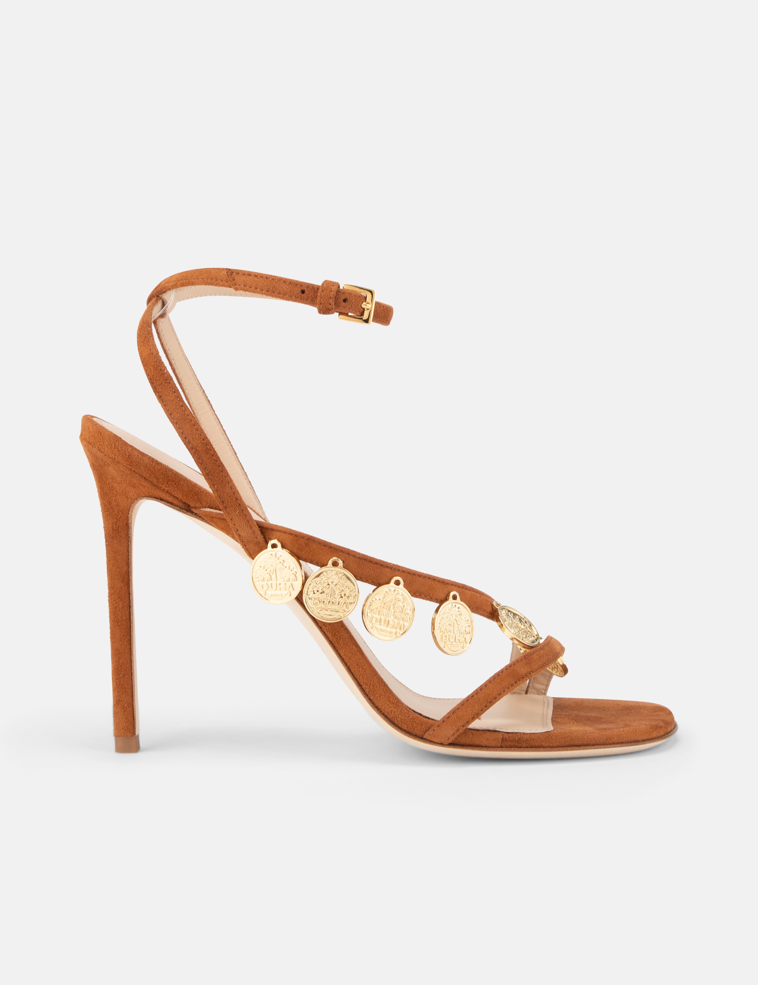 Side view of DUHA Lira Sandal caramel suede coin embellished stiletto sandal