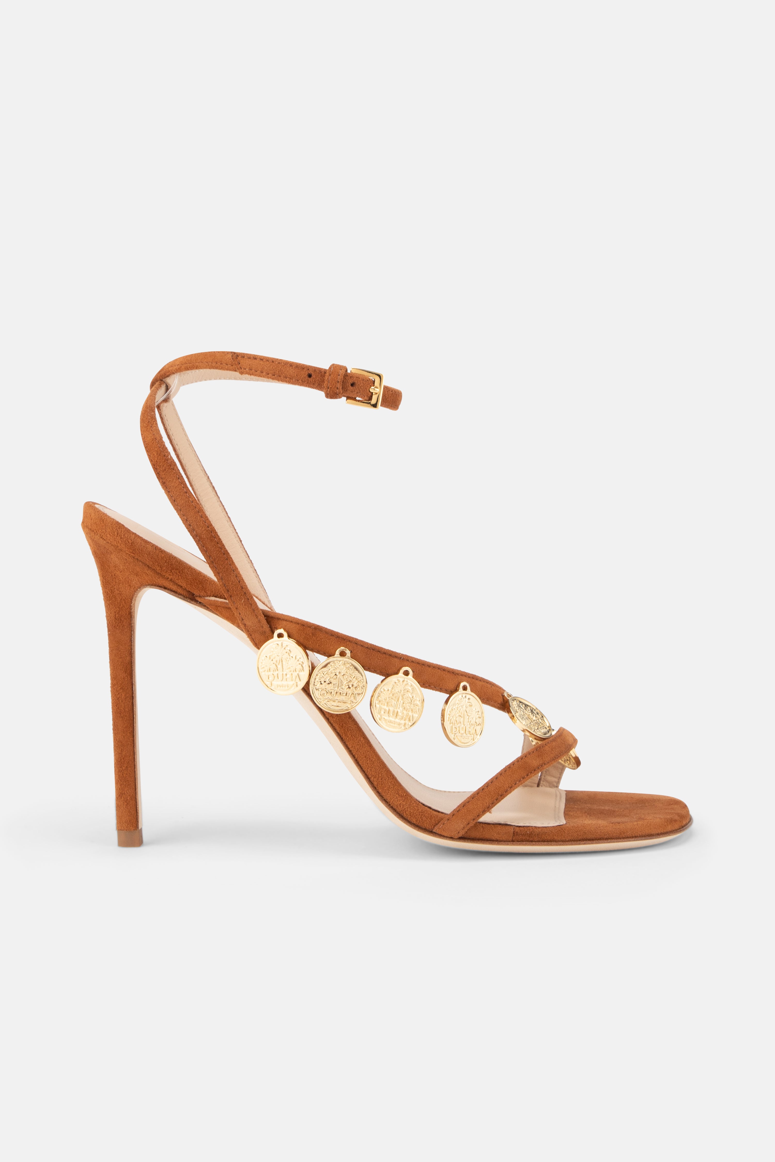 Side view of DUHA Lira Sandal caramel suede coin embellished stiletto sandal