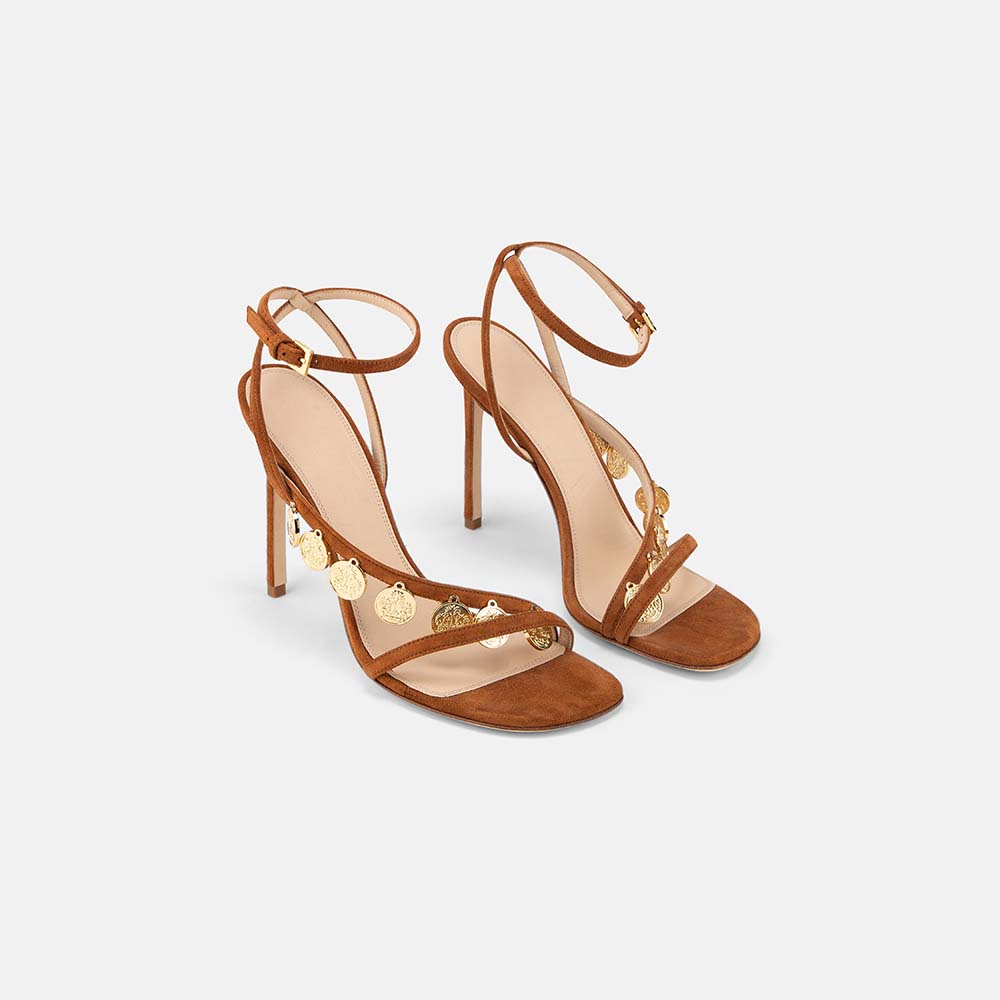 DUHA Lira Sandal caramel suede coin stiletto pair — SS26 City Oasis collection