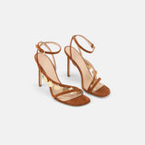 DUHA Lira Sandal caramel suede coin stiletto pair — SS26 City Oasis collection