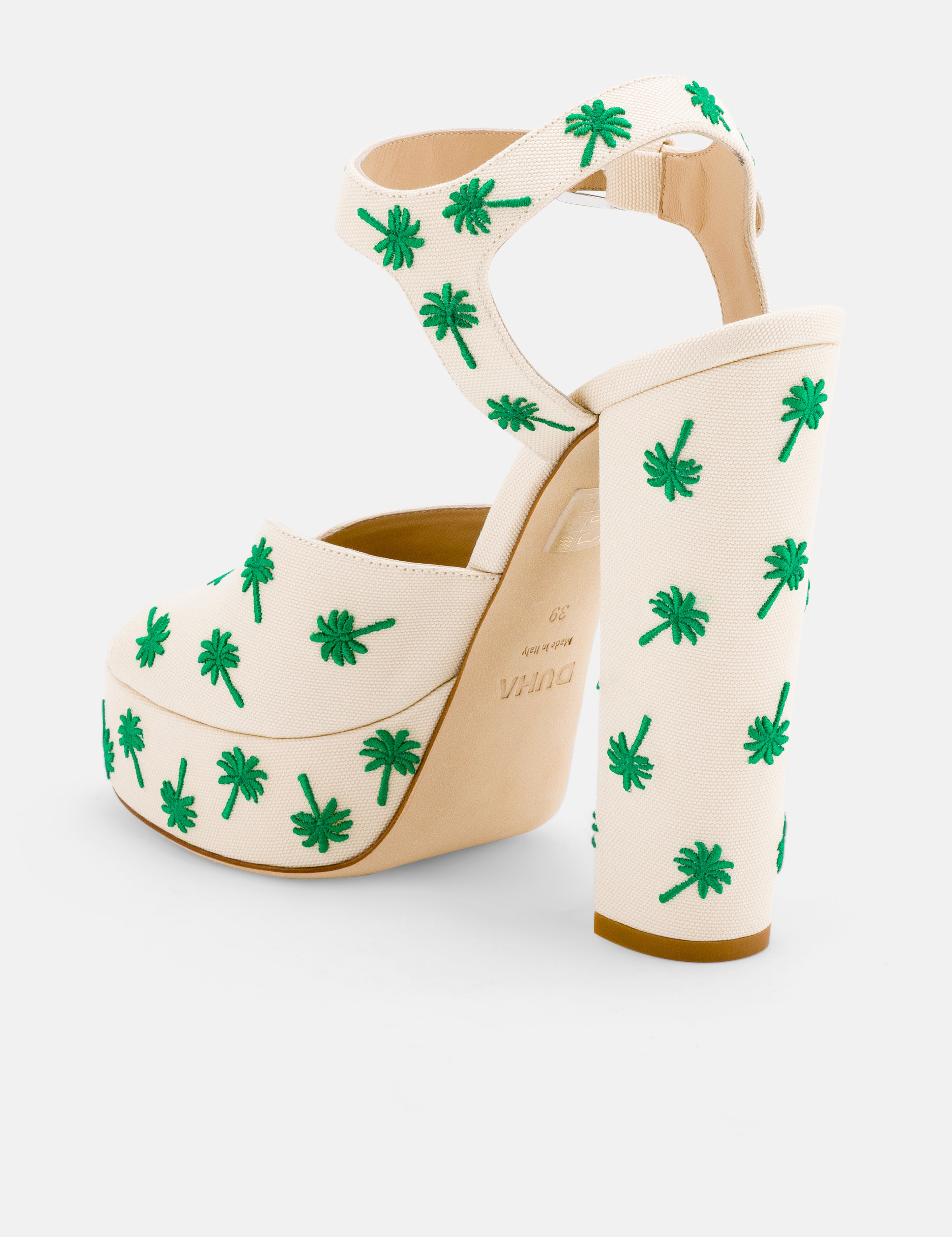 Back view of DUHA Palmdance beige showing ankle strap and embroidered block heel