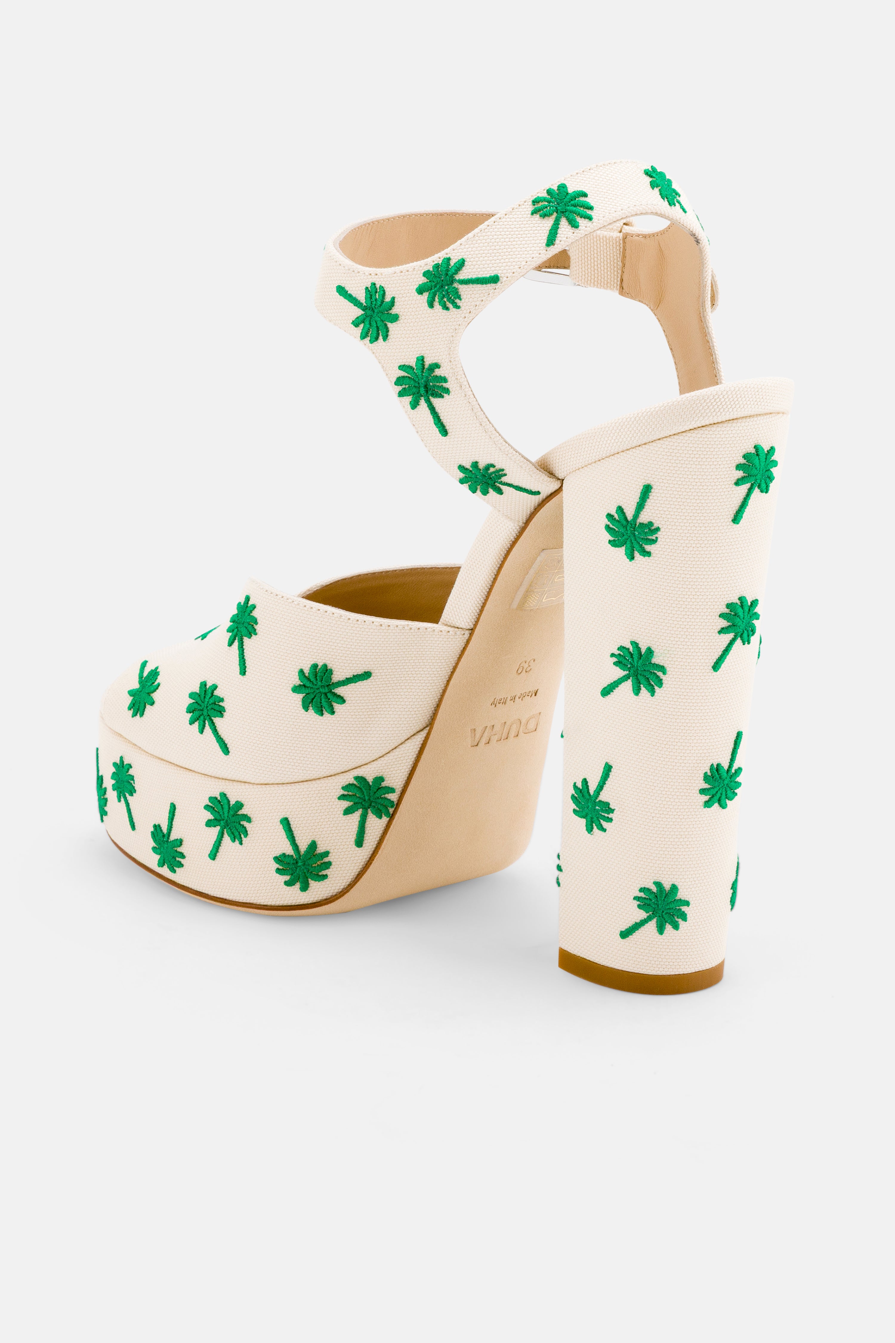 Back view of DUHA Palmdance beige showing ankle strap and embroidered block heel