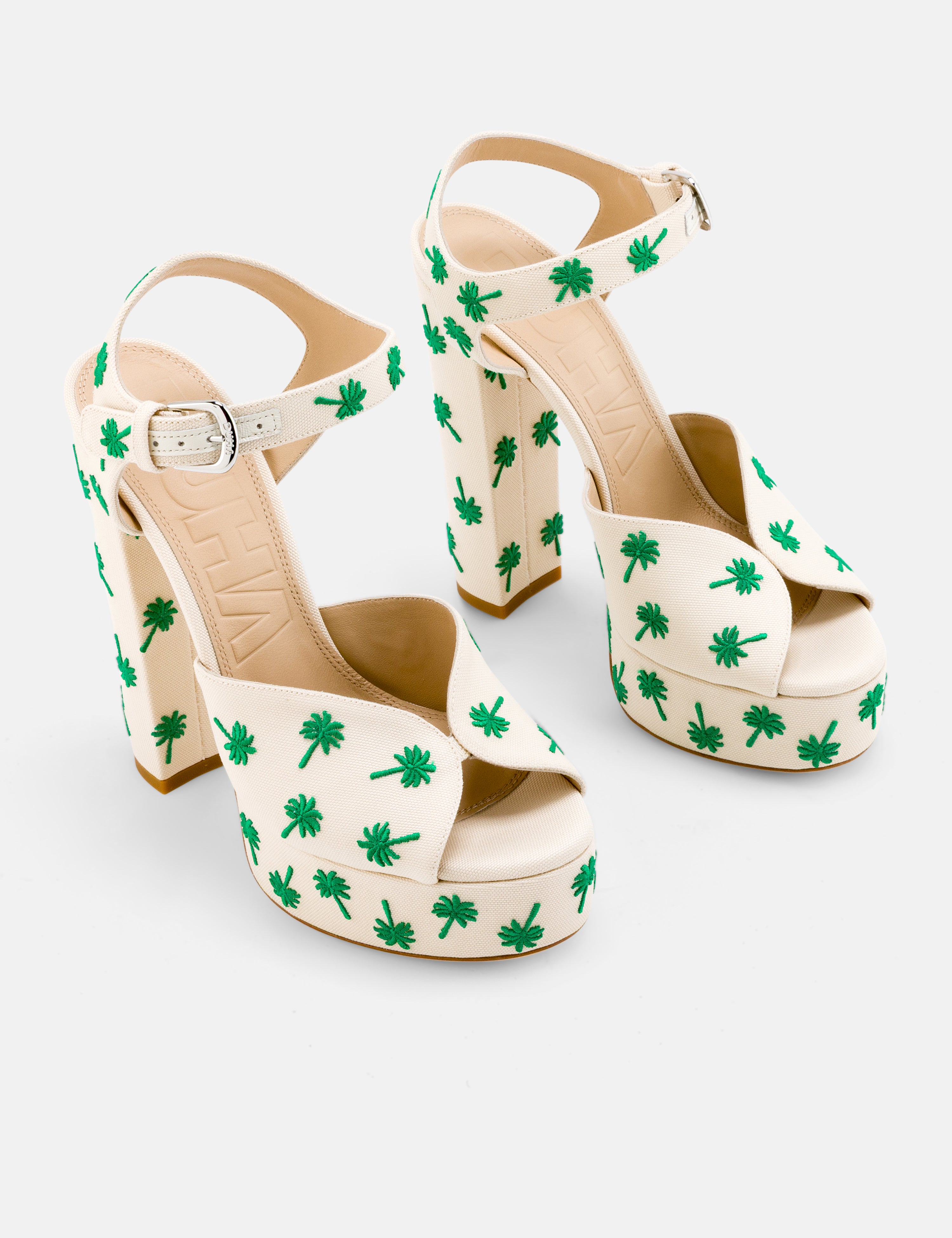 DUHA Palmdance beige embroidered canvas platform sandal pair — SS26 City Oasis collection
