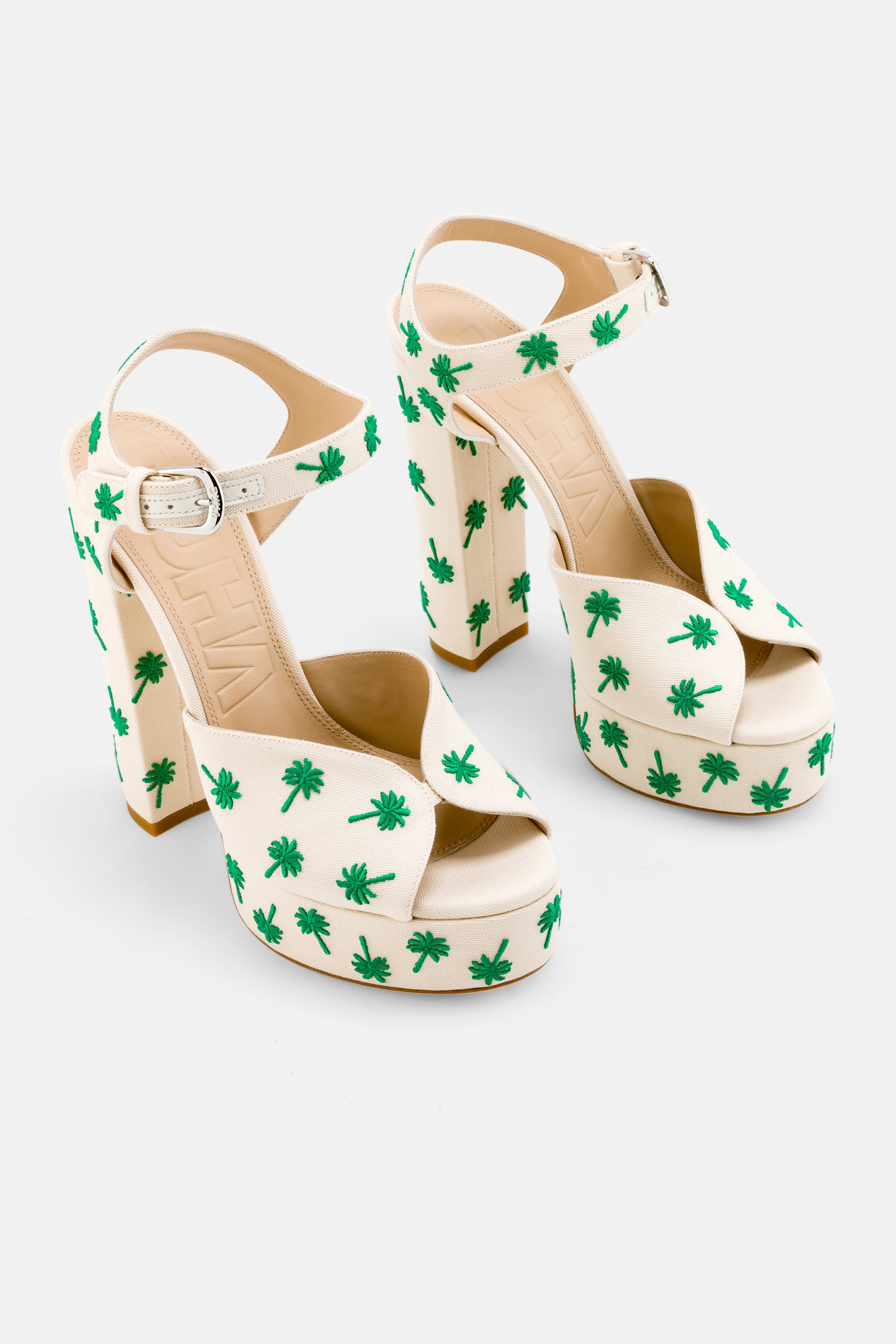 DUHA Palmdance beige embroidered canvas platform sandal pair — SS26 City Oasis collection
