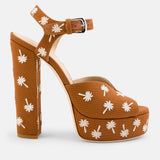Side view of DUHA Palmdance caramel embroidered canvas 14cm block heel platform sandal