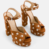 DUHA Palmdance caramel embroidered canvas platform sandal pair — SS26 City Oasis collection