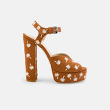 Side view of DUHA Palmdance caramel embroidered canvas 14cm block heel platform sandal