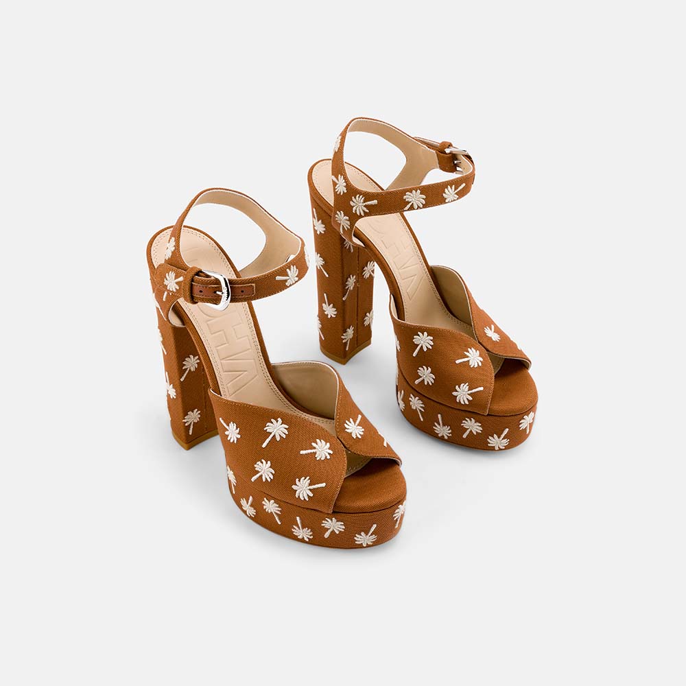 DUHA Palmdance caramel embroidered canvas platform sandal pair — SS26 City Oasis collection