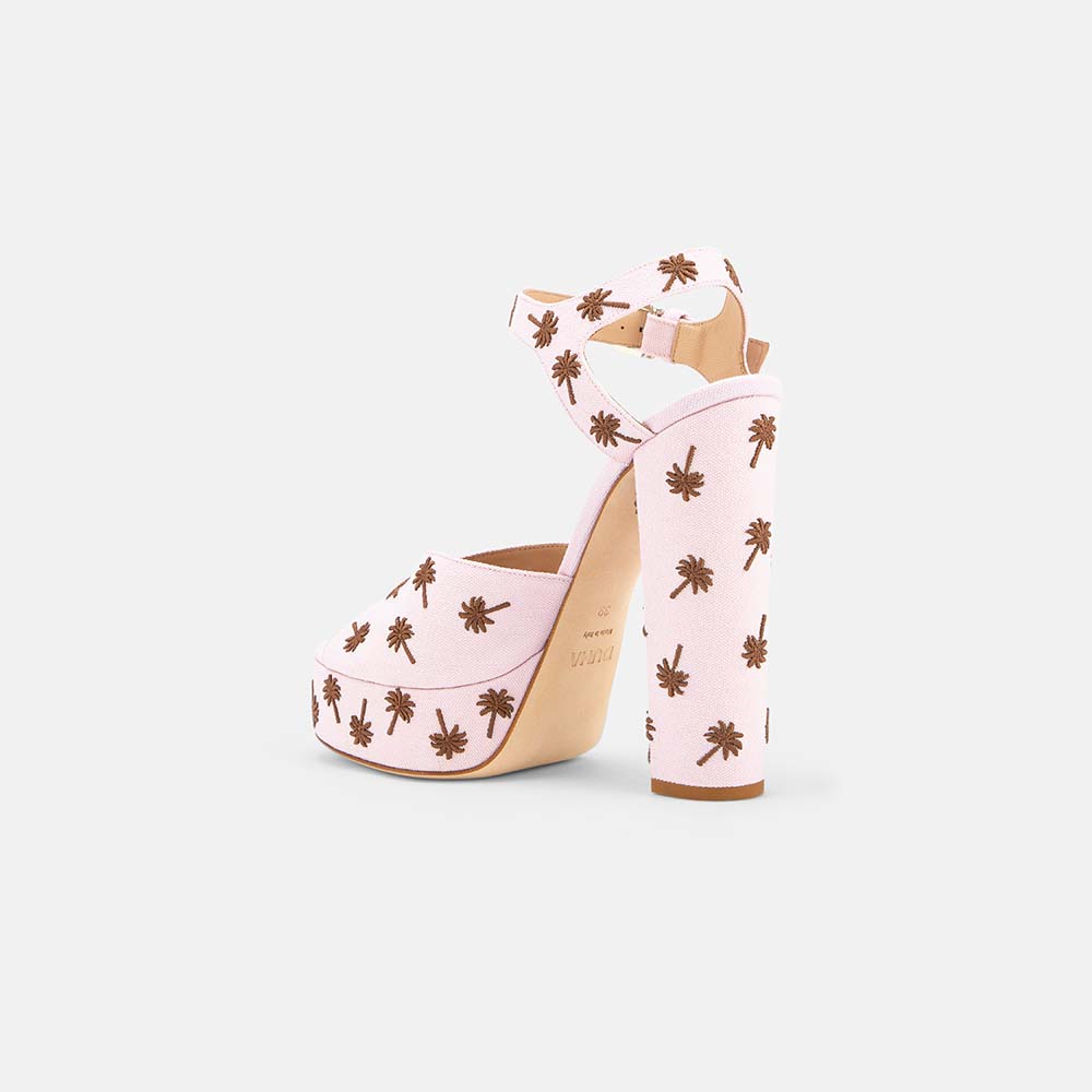 Back view of DUHA Palmdance pink showing ankle strap and embroidered block heel