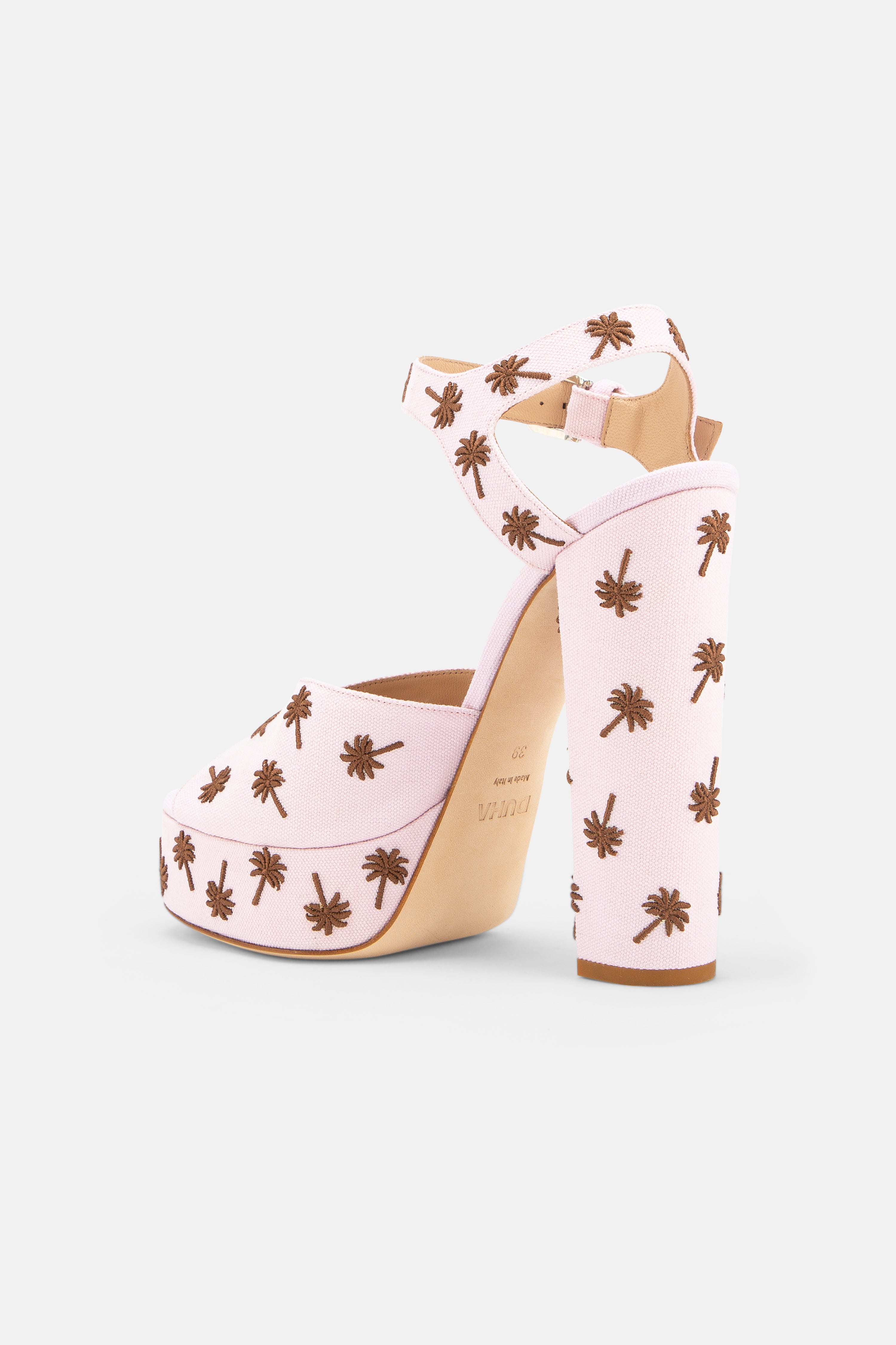 Back view of DUHA Palmdance pink showing ankle strap and embroidered block heel