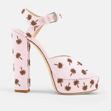 Side view of DUHA Palmdance pink embroidered canvas 14cm block heel platform sandal