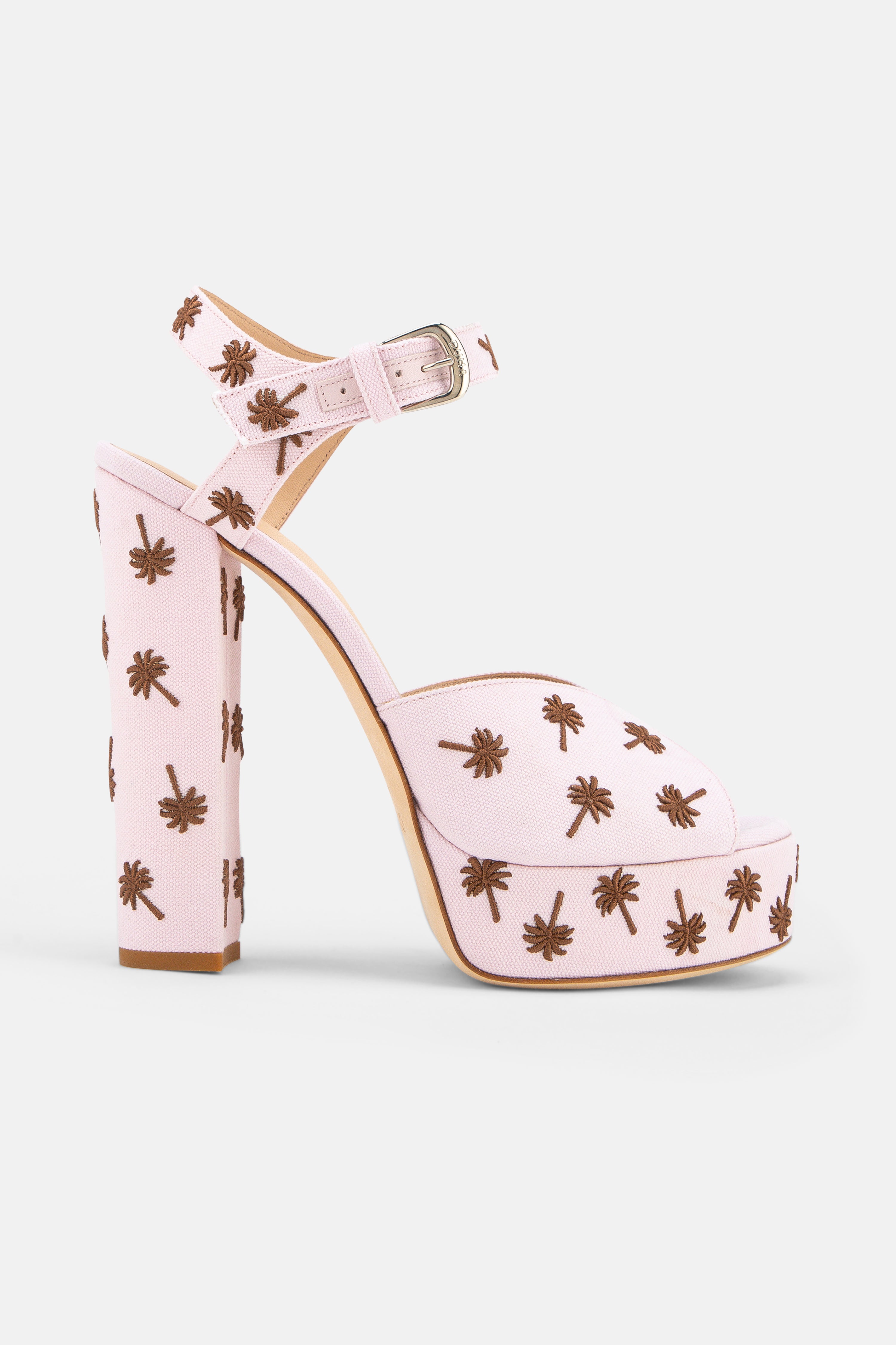 Side view of DUHA Palmdance pink embroidered canvas 14cm block heel platform sandal