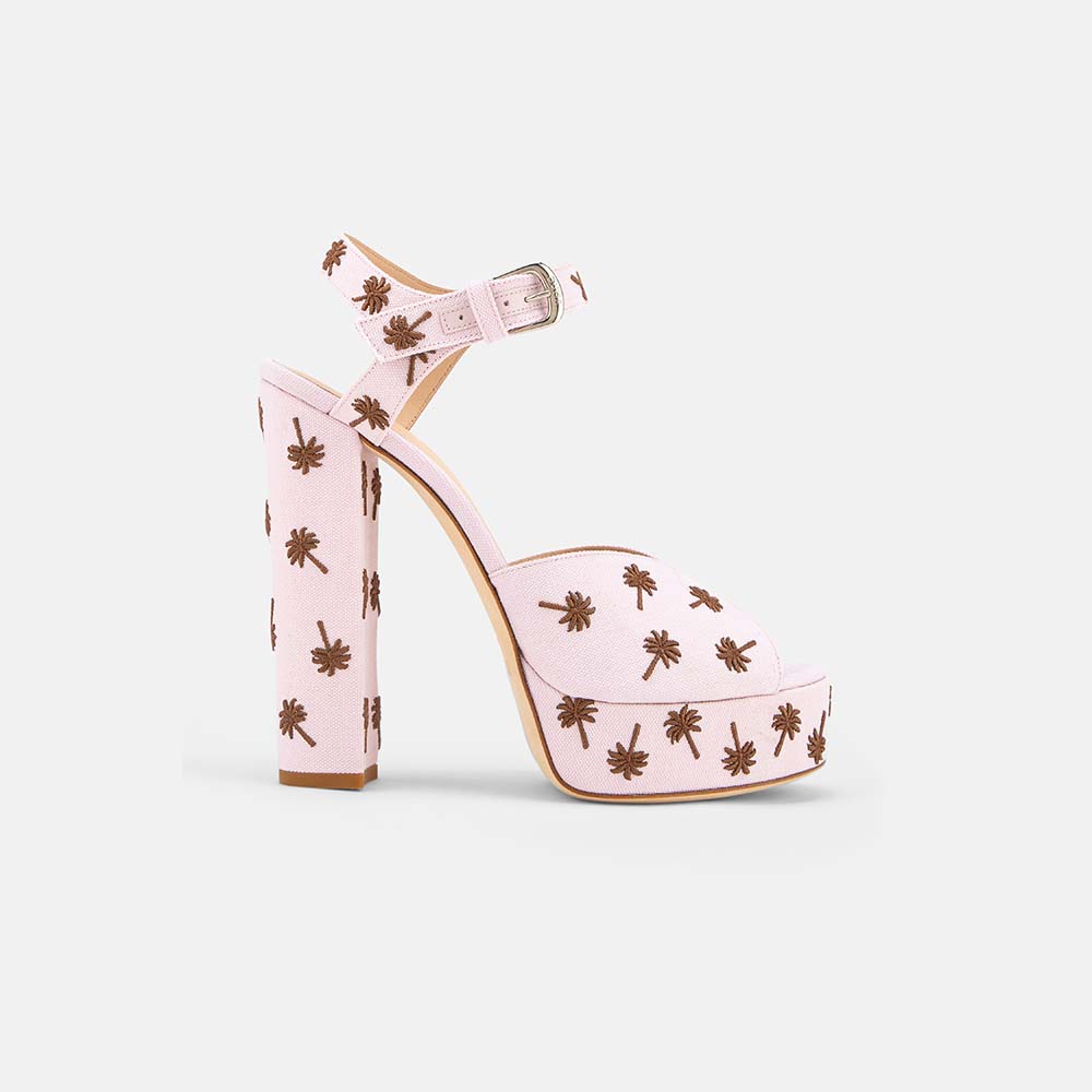 Side view of DUHA Palmdance pink embroidered canvas 14cm block heel platform sandal