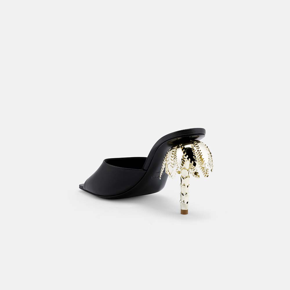 Back view of DUHA Palmira Mule black showing 10.5cm gold  palm tree heel.