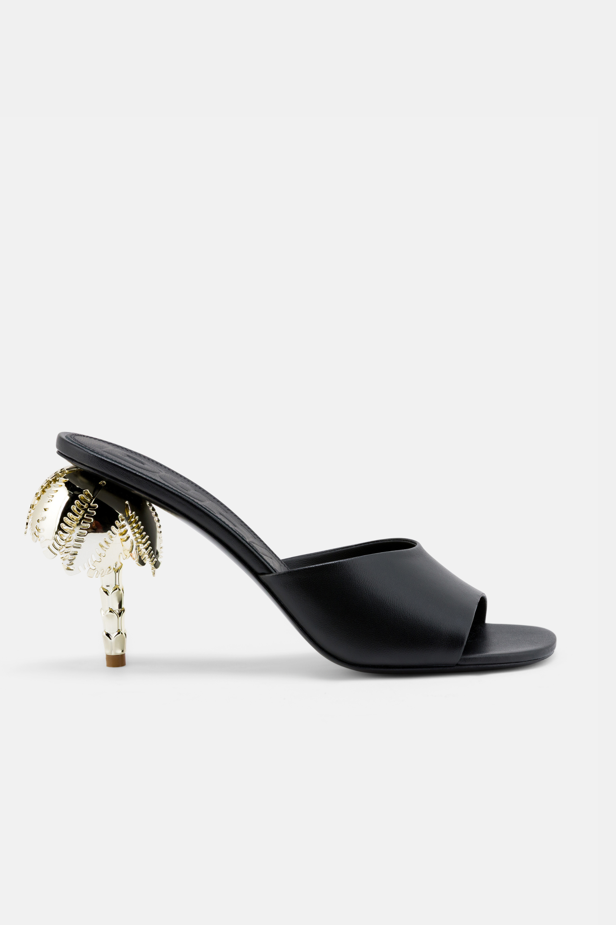 Side view of DUHA Palmira Mule black nappa leather — Italian designer sculptural heel mule