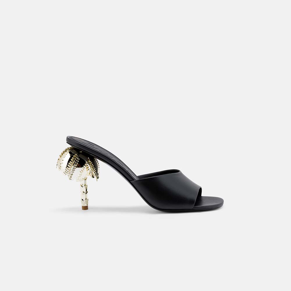 Side view of DUHA Palmira Mule black nappa leather — Italian designer sculptural heel mule