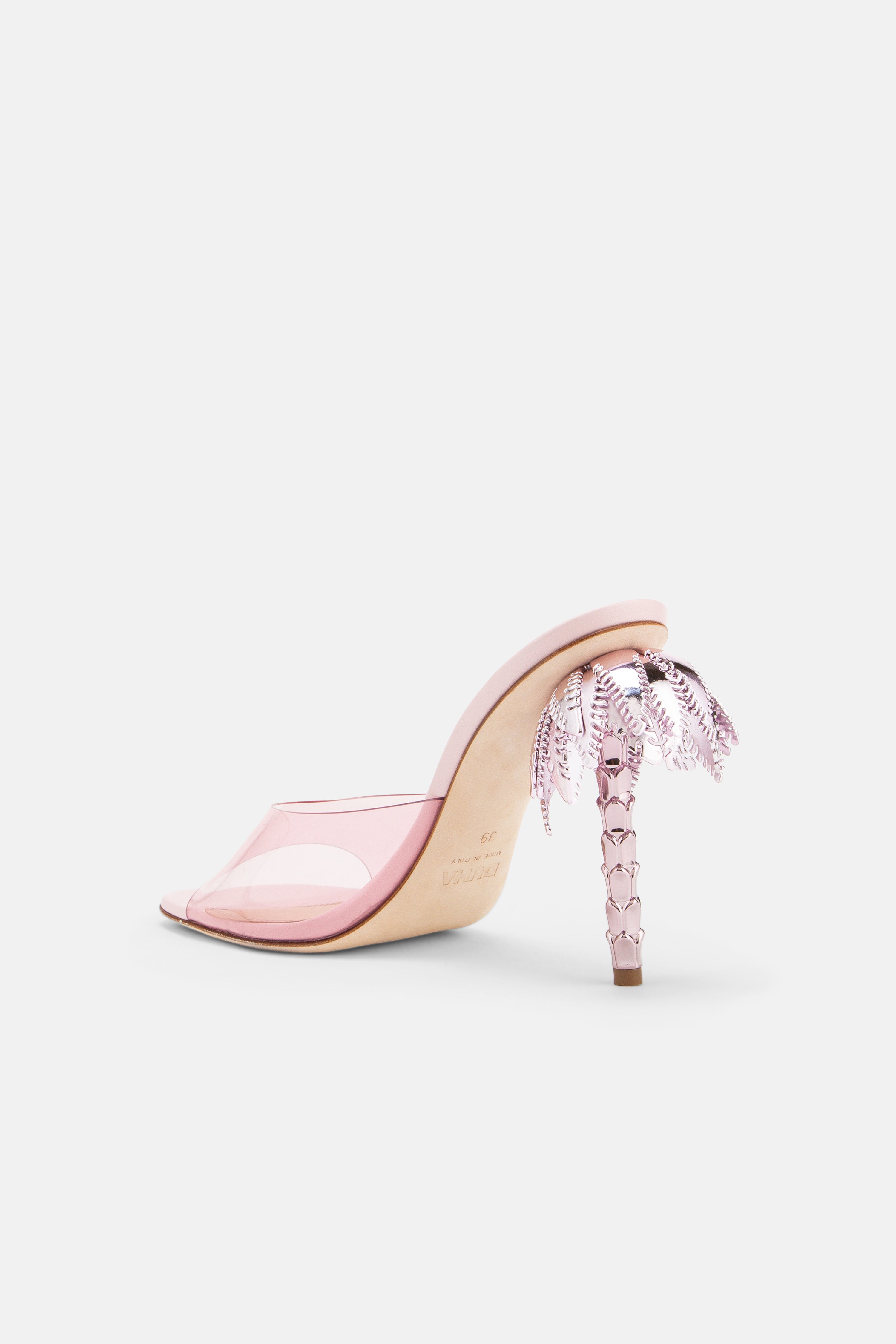 Back view of DUHA Palmira Mule candy pink showing metallic palm tree heel