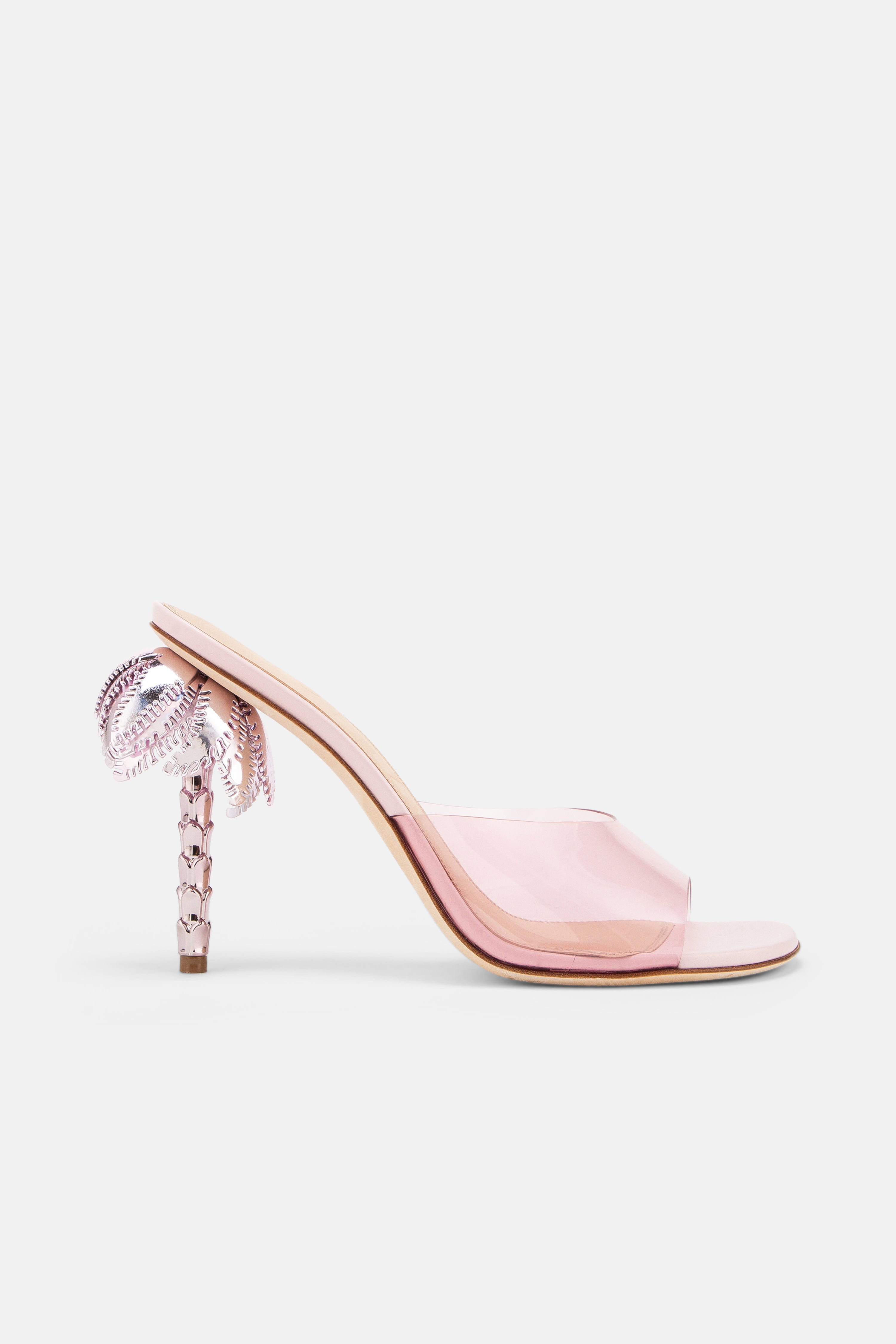 Side view of DUHA Palmira Mule candy pink PVC — Italian designer sculptural heel mule