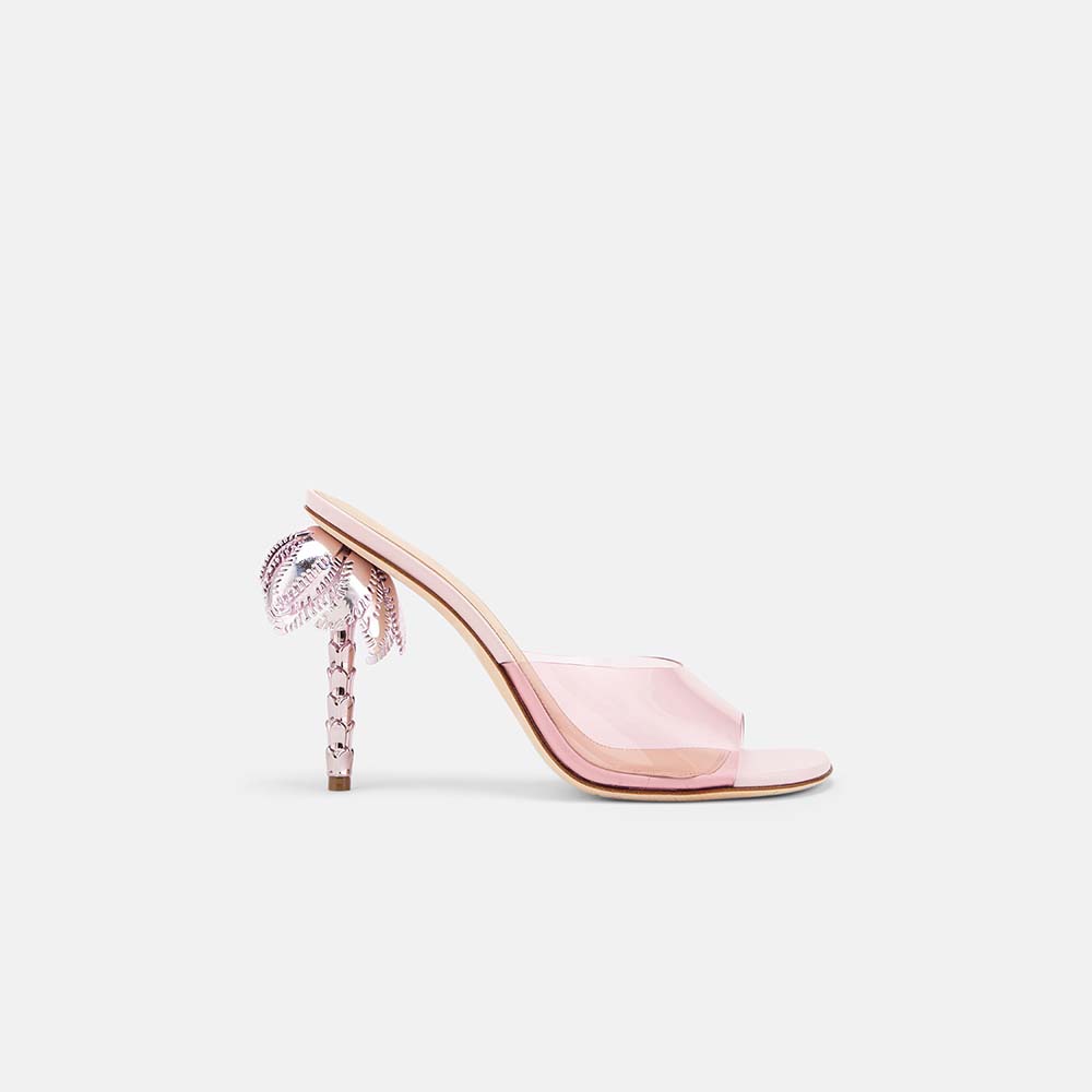 Side view of DUHA Palmira Mule candy pink PVC — Italian designer sculptural heel mule