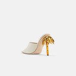 Back view of DUHA Palmira Mule coconut showing gold palm tree heel detail