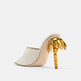 Back view of DUHA Palmira Mule coconut showing gold palm tree heel detail