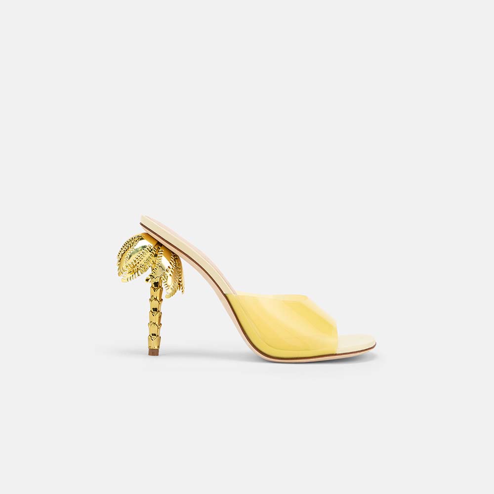 Side view of DUHA Palmira Mule light yellow patent — Italian designer sculptural heel mule
