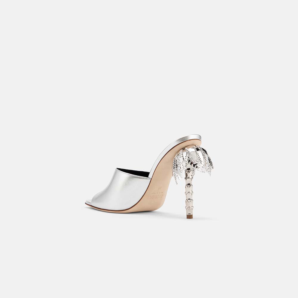 Back view of DUHA Palmira Mule silver showing 10.5cm metallic palm tree heel