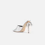 Back view of DUHA Palmira Mule silver showing 10.5cm metallic palm tree heel
