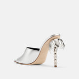 Back view of DUHA Palmira Mule silver showing 10.5cm metallic palm tree heel