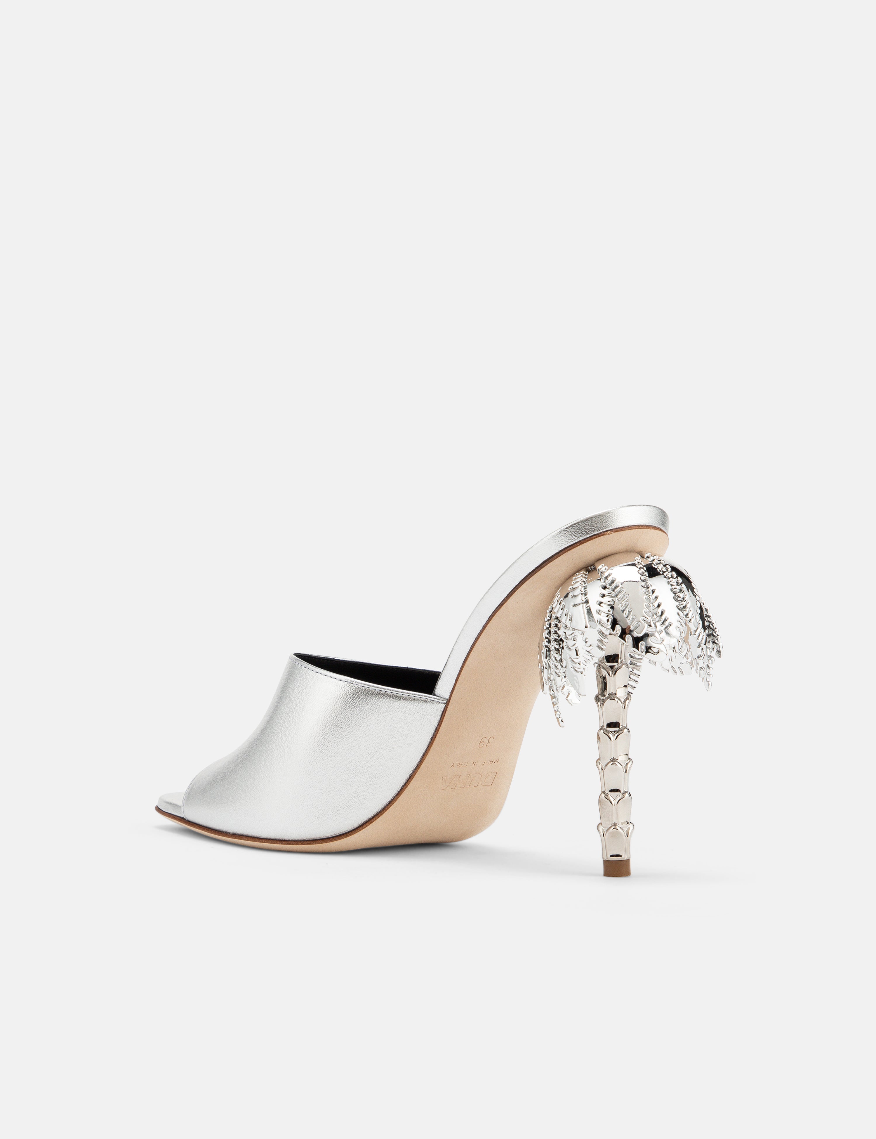 Back view of DUHA Palmira Mule silver showing 10.5cm metallic palm tree heel