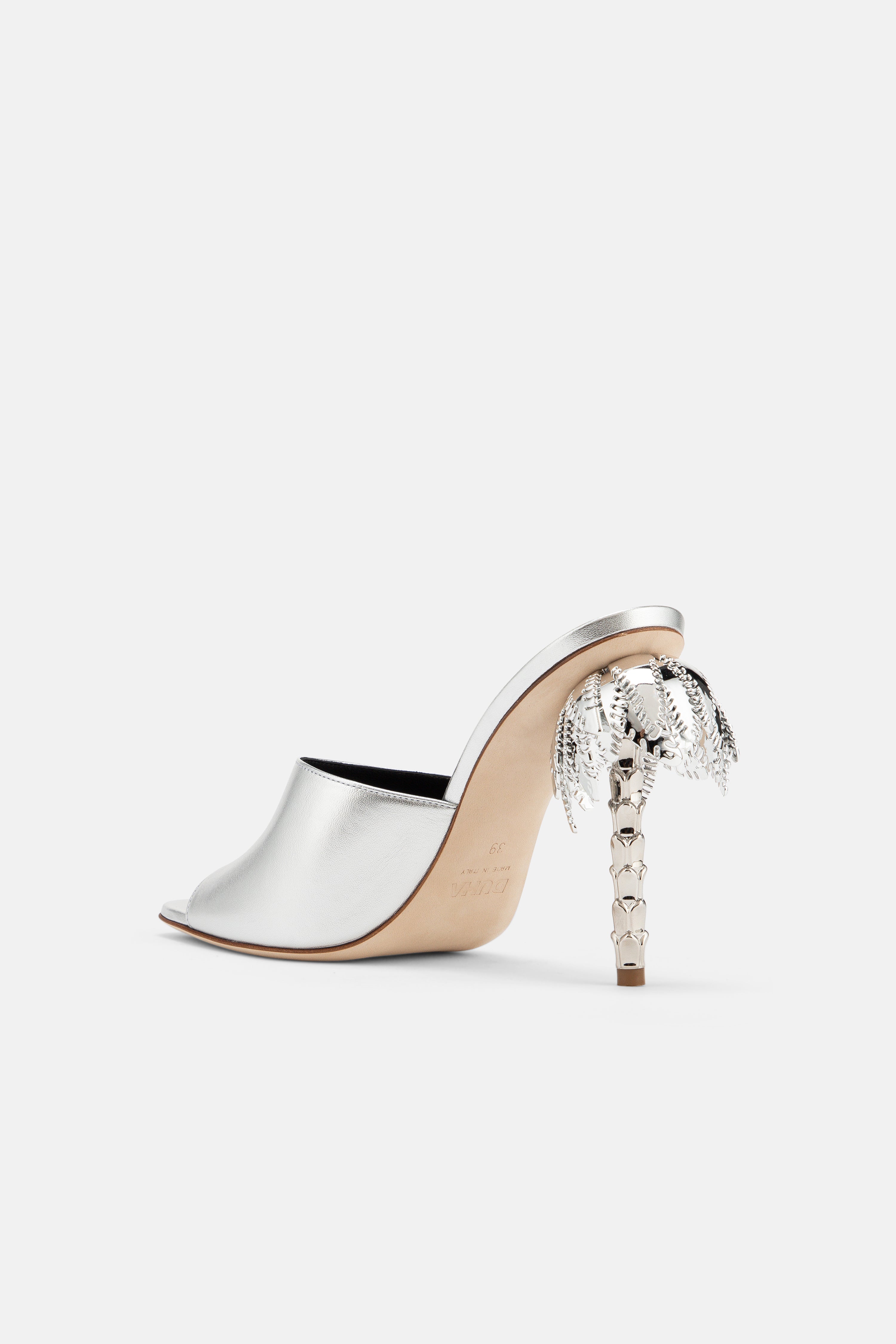 Back view of DUHA Palmira Mule silver showing 10.5cm metallic palm tree heel