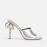 Side view of DUHA Palmira Mule silver nappa leather — Italian designer sculptural heel mule