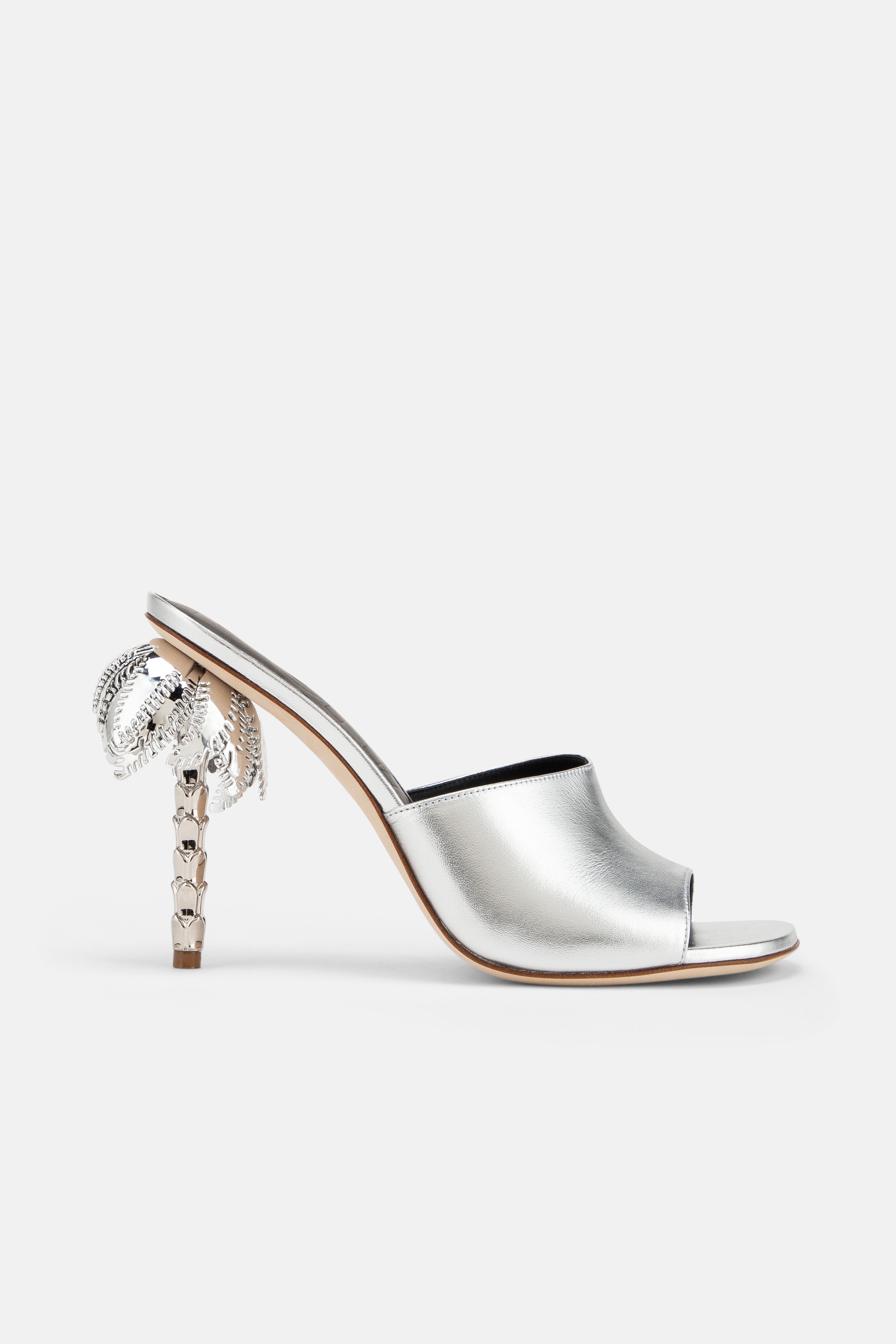 Side view of DUHA Palmira Mule silver nappa leather — Italian designer sculptural heel mule