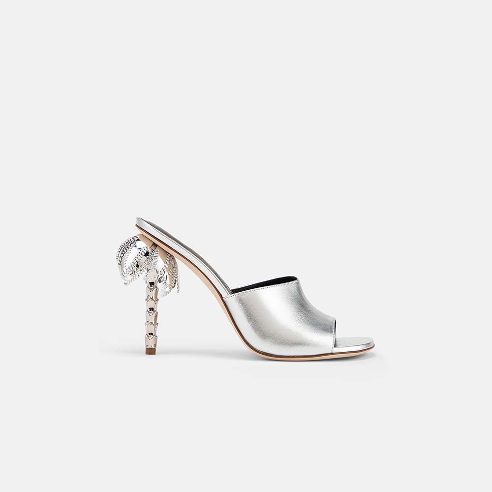 Side view of DUHA Palmira Mule silver nappa leather — Italian designer sculptural heel mule