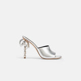 Side view of DUHA Palmira Mule silver nappa leather — Italian designer sculptural heel mule