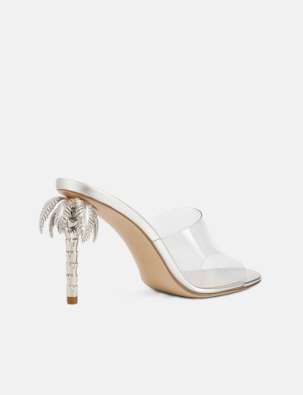 Back view of DUHA Palmira Mule transparent showing metallic palm tree heel detail