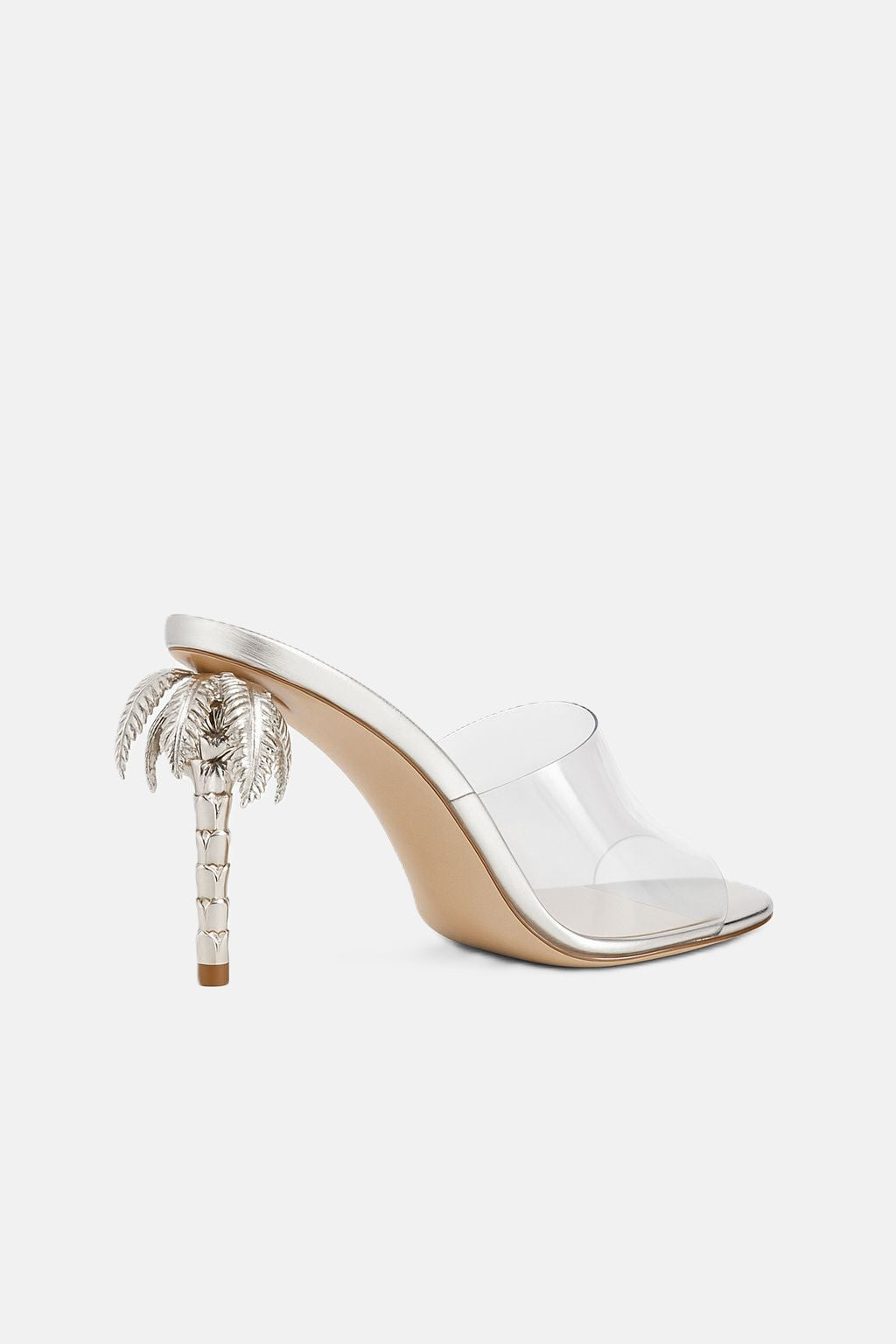 Back view of DUHA Palmira Mule transparent showing metallic palm tree heel detail