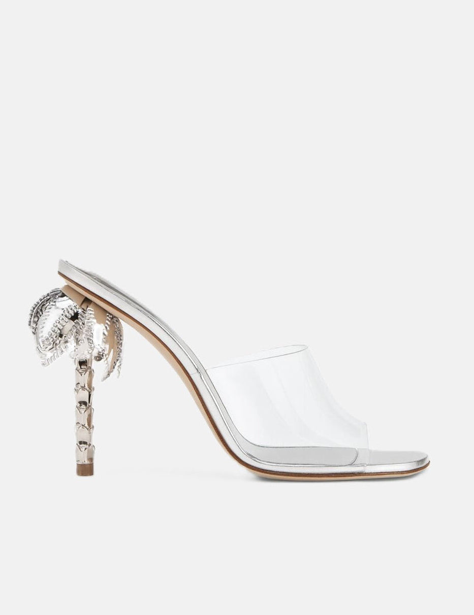 Side view of DUHA Palmira Mule transparent PVC — Italian designer sculptural heel mule
