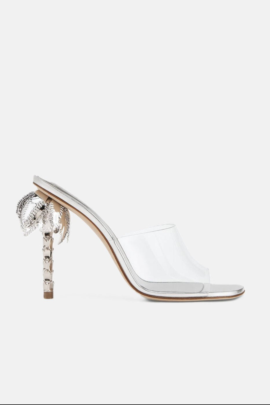 Side view of DUHA Palmira Mule transparent PVC — Italian designer sculptural heel mule