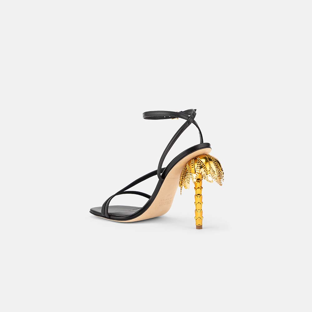 Back view of DUHA Palmira Sandal black showing ankle strap and gold palm tree heel