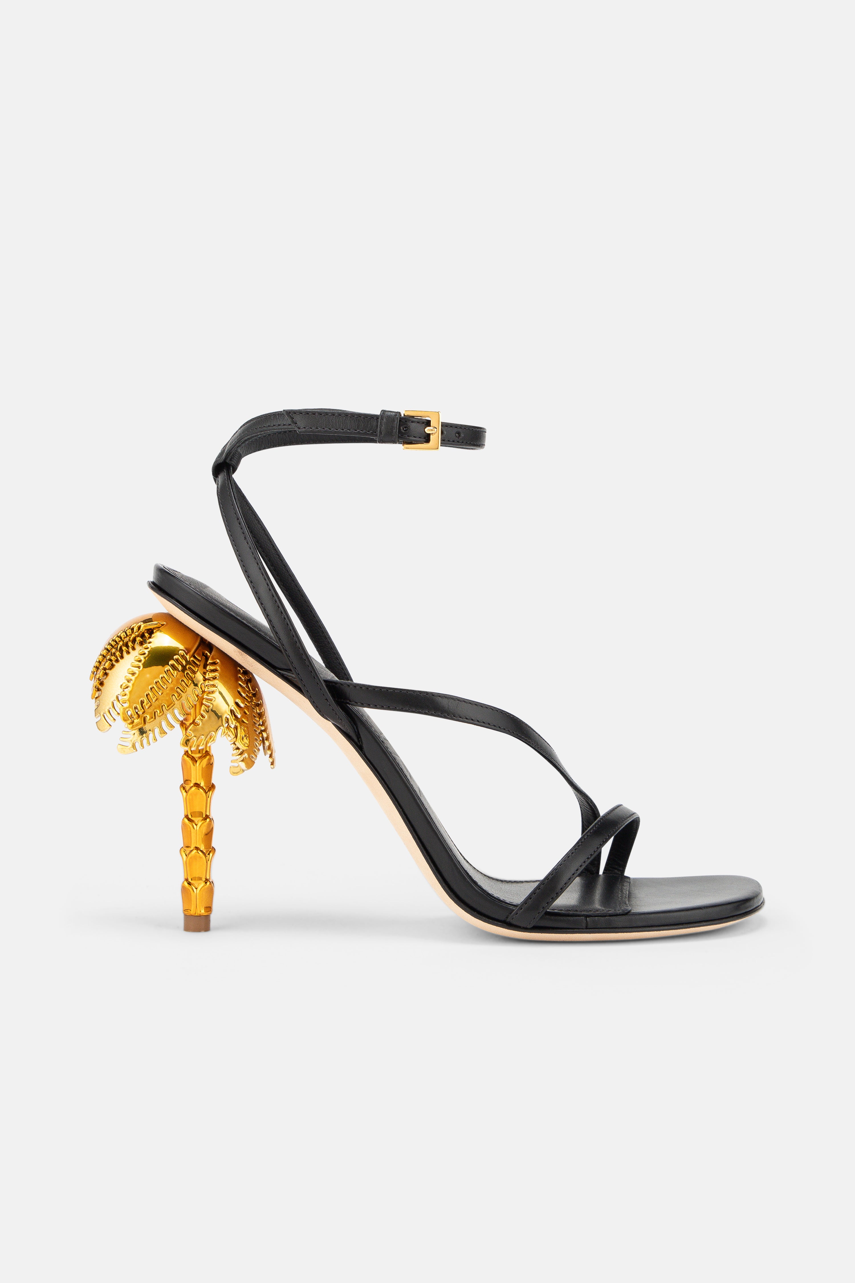 Side view of DUHA Palmira Sandal black strappy heeled sandal — Italian designer occasion shoe
