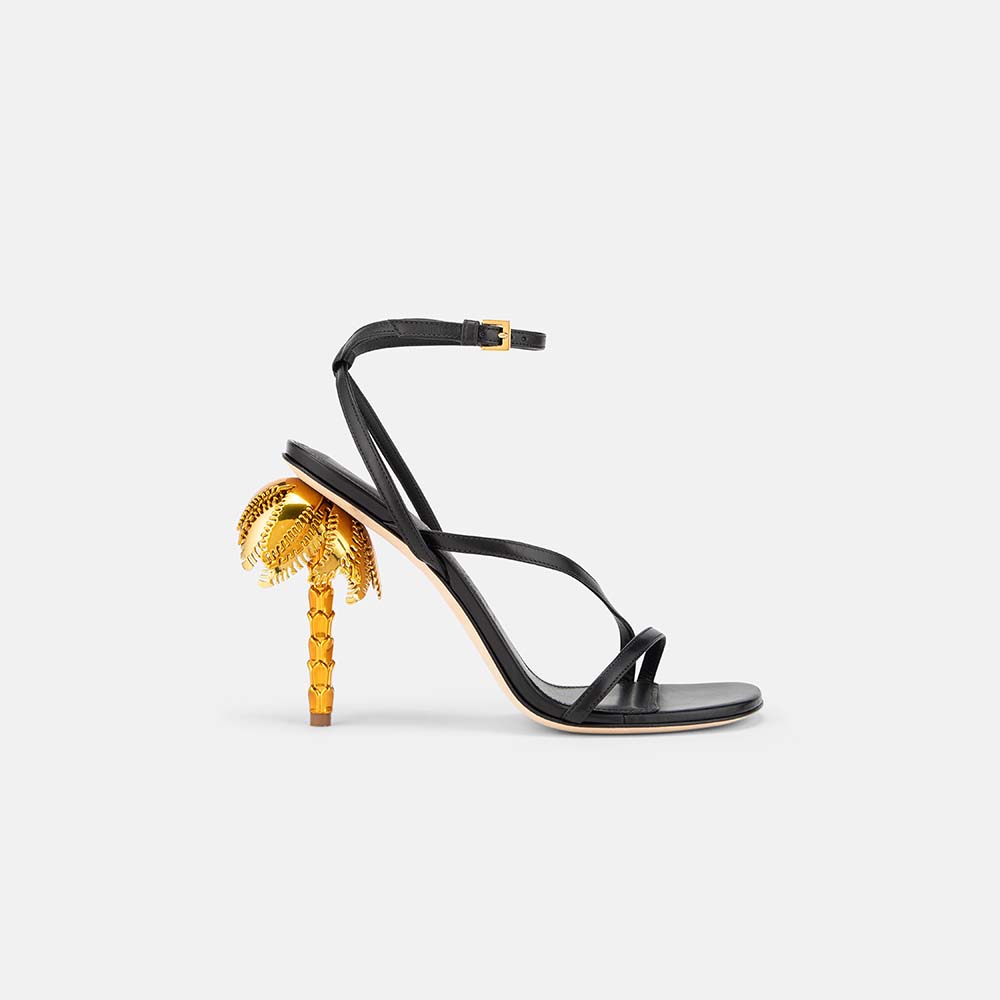Side view of DUHA Palmira Sandal black strappy heeled sandal — Italian designer occasion shoe