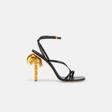 Side view of DUHA Palmira Sandal black strappy heeled sandal — Italian designer occasion shoe