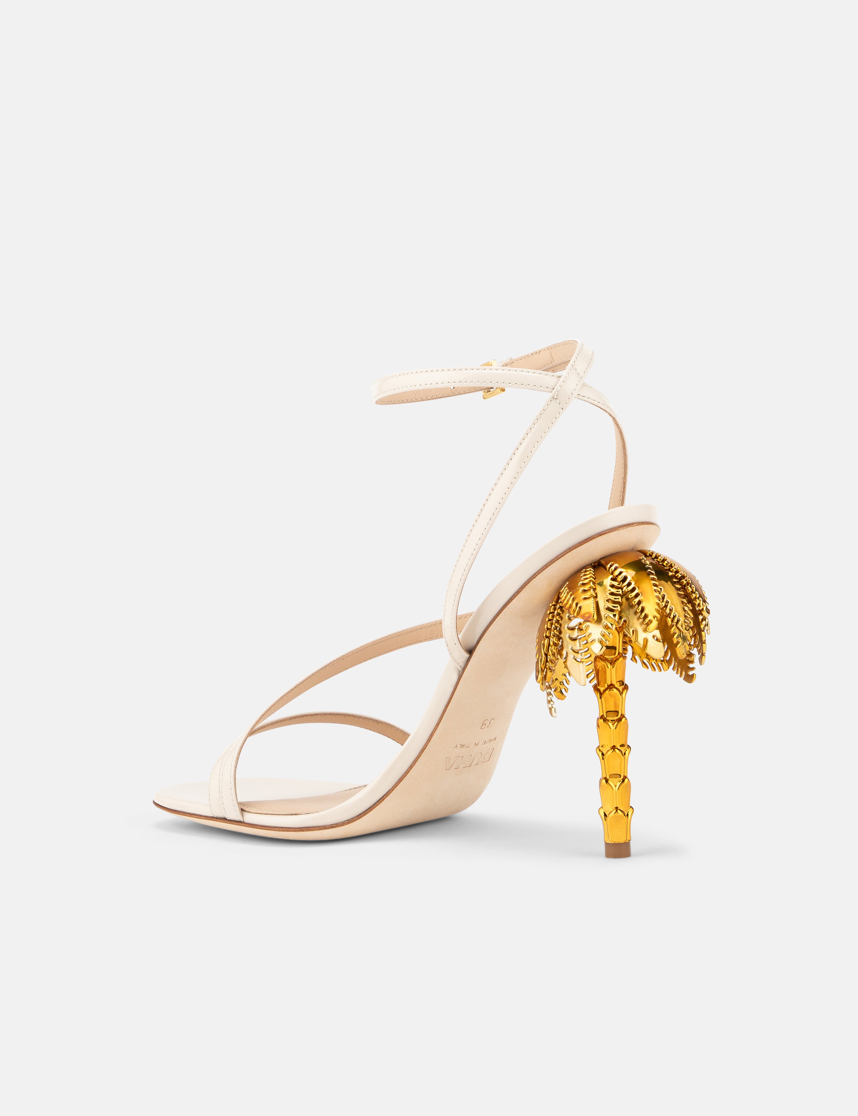 Back view of DUHA Palmira Sandal coconut showing ankle strap and gold palm tree heel