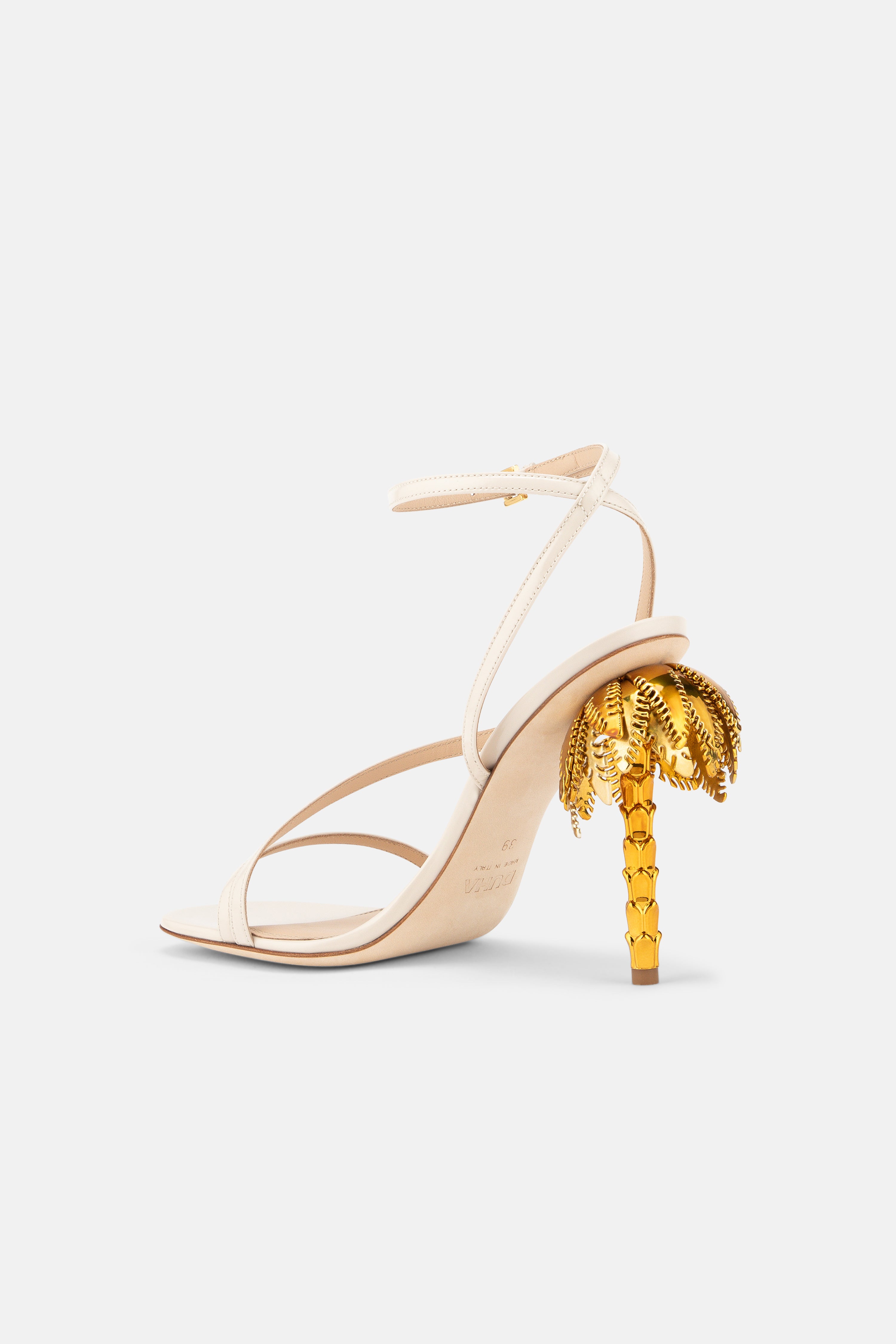 Back view of DUHA Palmira Sandal coconut showing ankle strap and gold palm tree heel