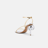 Back view of DUHA Palmira Sandal silver gold showing ankle strap and palm tree heel