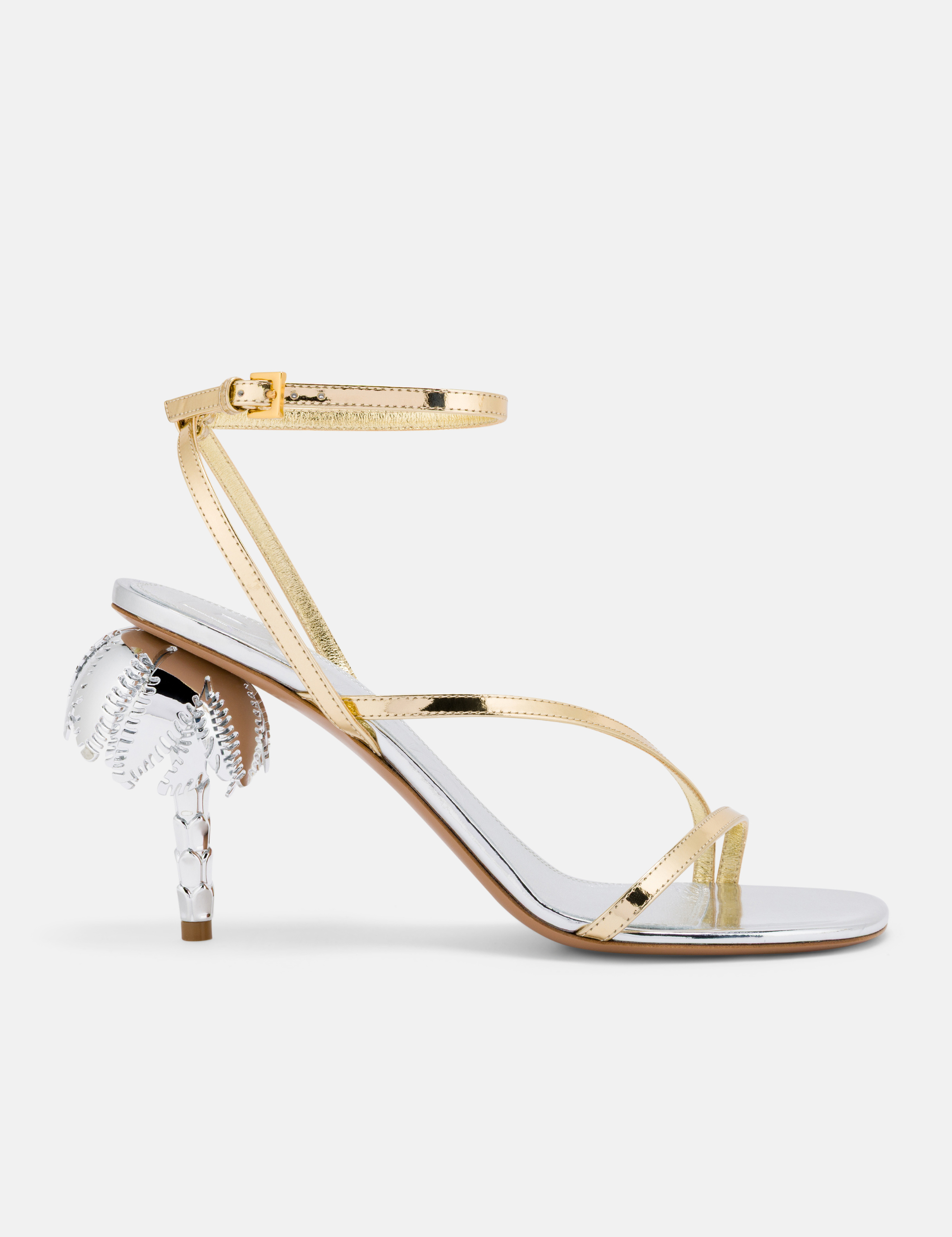Side view of DUHA Palmira Sandal silver gold — Italian designer strappy heeled sandal