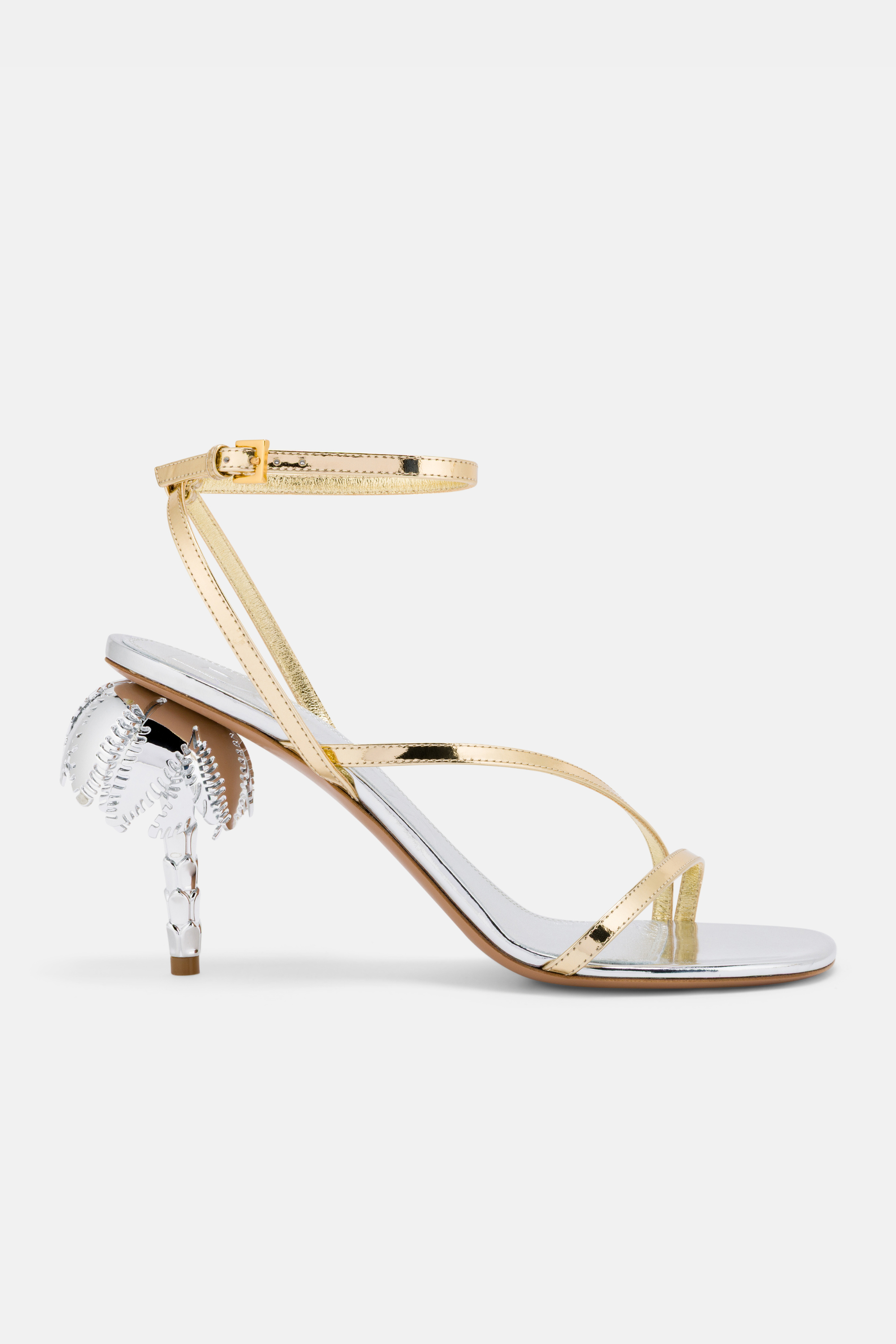 Side view of DUHA Palmira Sandal silver gold — Italian designer strappy heeled sandal